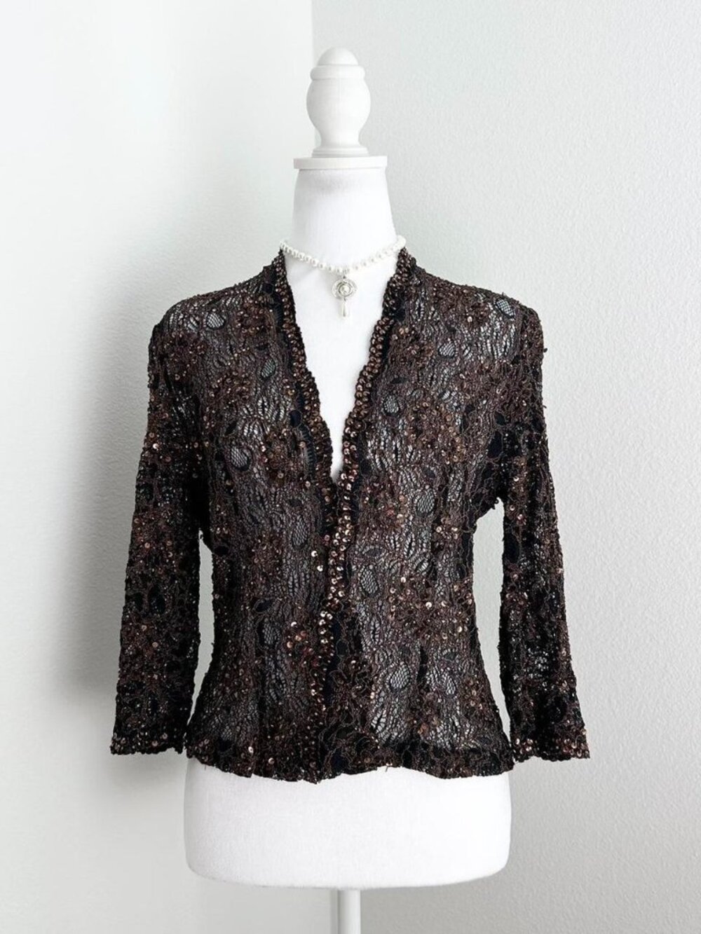 David's Bridal Brown Lace 3/4 Sleeve Bolero Cardigan